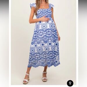 Pink Blush Light Navy Embroidered Smocked Cutout Maternity Midi Dress